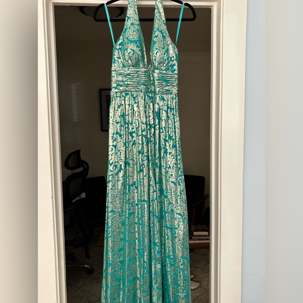 Aidan Mattox Teal and Gold Dress